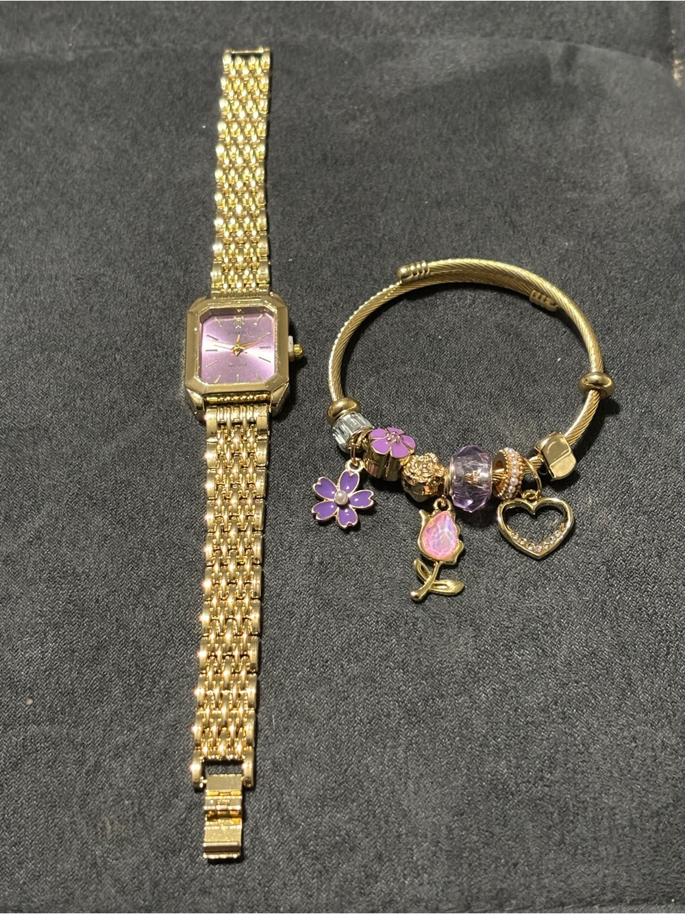 NWT| Gold Tone Purple Watch & Floral Charm Bracelet Set